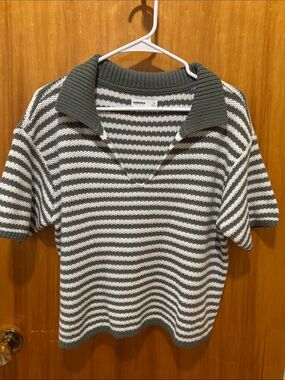 ⭐ 3 for $15 Sonoma Olive Green & White Striped Polo Knit Top